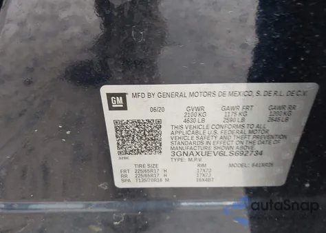 2020 Chevrolet Equinox Awd Lt 1.5L Turbo z USA, uszkodzony, nr VIN 3GNAXUEV6LS692734